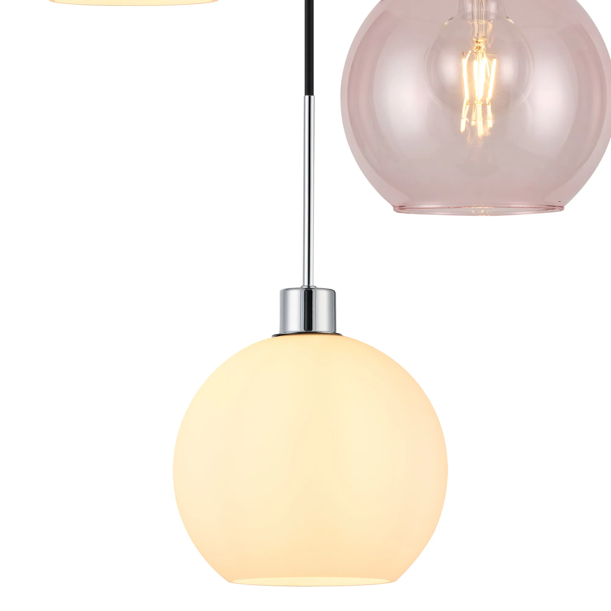 Lori 40cm Round Pendant, 3 Light Adjustable E27, Polished Chrome/Opal/Pink Open Mouth Round Globe Shades DK1275  Deco Lori Polished Chrome